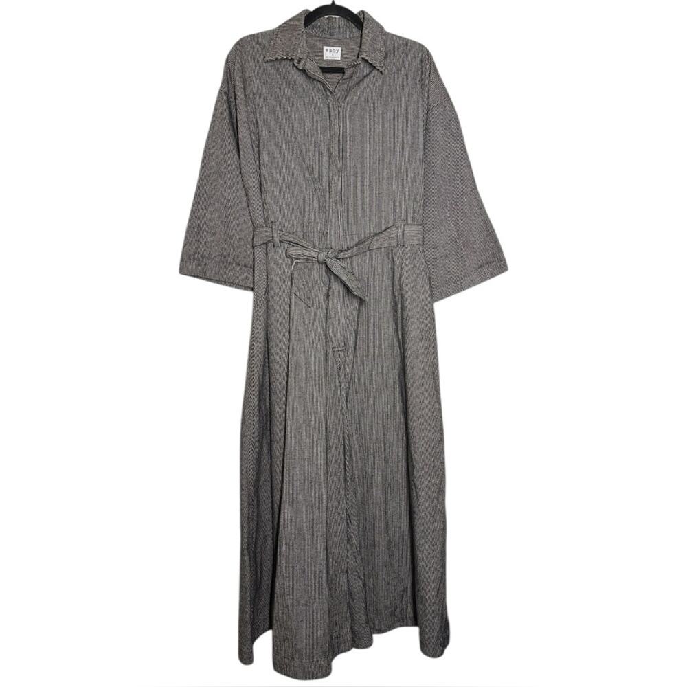 Esby Cotton Linen Shadow Stripe Scarlett Wide Leg Belted Jumpsuit Small